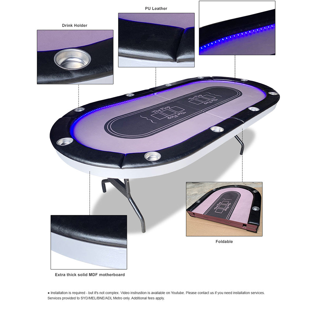 VERSA PK018 7 MDF LED Light Foldable Poker Table 10 Players Gaming Game Room