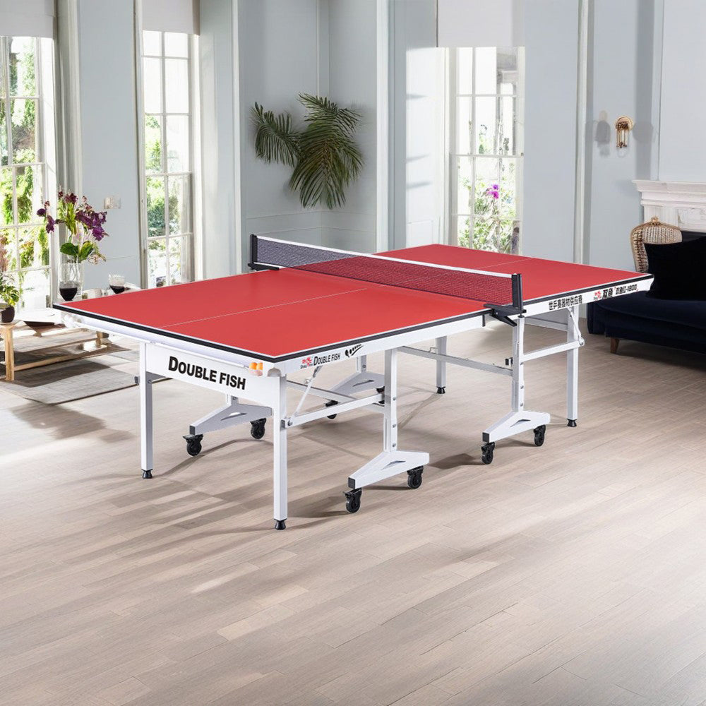 DOUBLE FISH 18MM 18mm White&Red Foldable Solo Play Indoor Table Tennis/Ping Pong Tableb - Bats Ball Net ITTF Approve