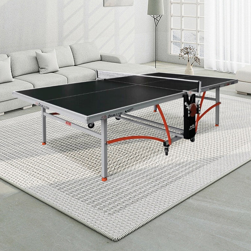 DOUBLE FISH 353 22mm Black Foldable Solo Play Indoor Table Tennis/Ping Pong Table - Bats Ball Net ITTF Approve