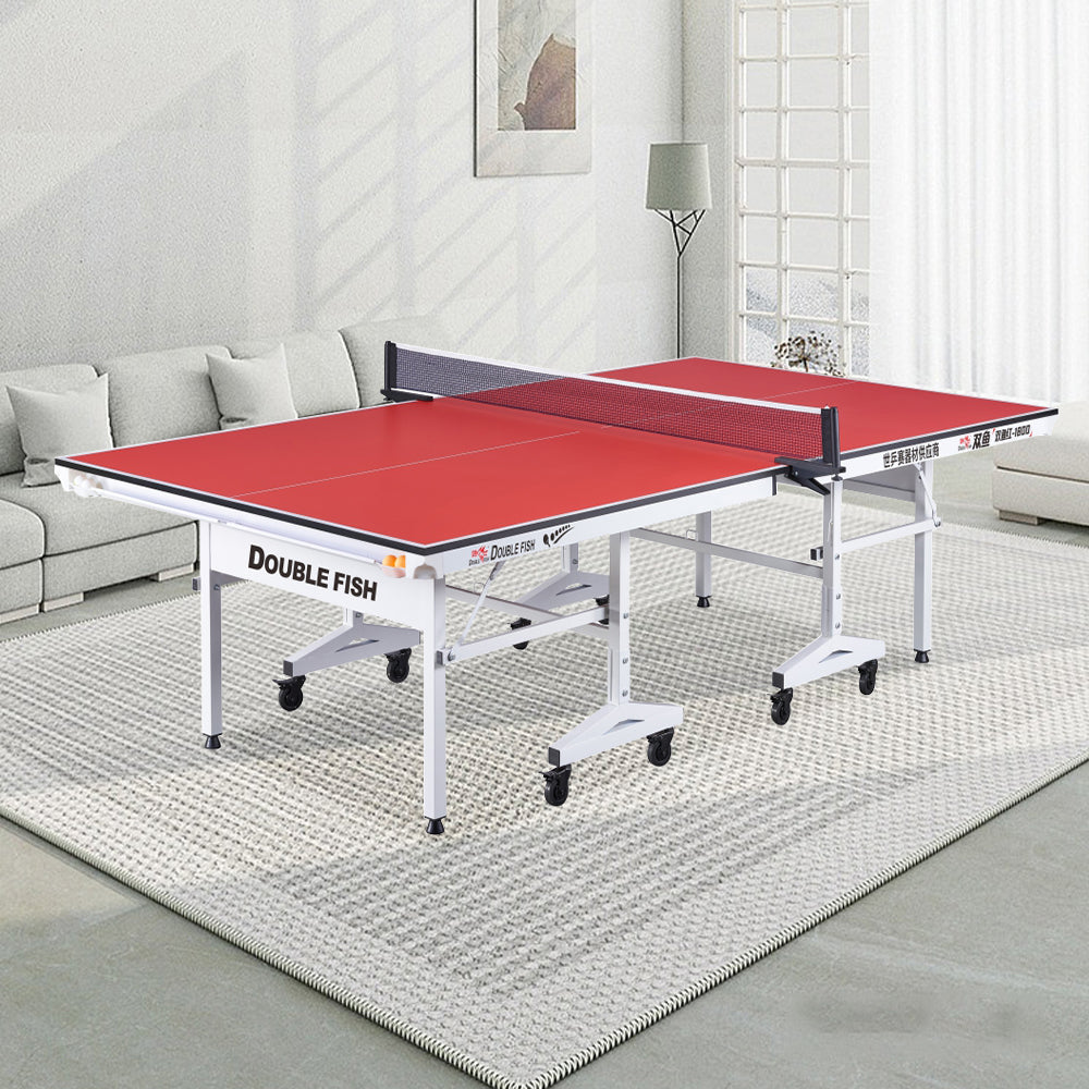 DOUBLE FISH 25MM 25mm White&Red Foldable Solo Play Indoor Table Tennis/Ping Pong Table - Bats Ball Net ITTF Approve