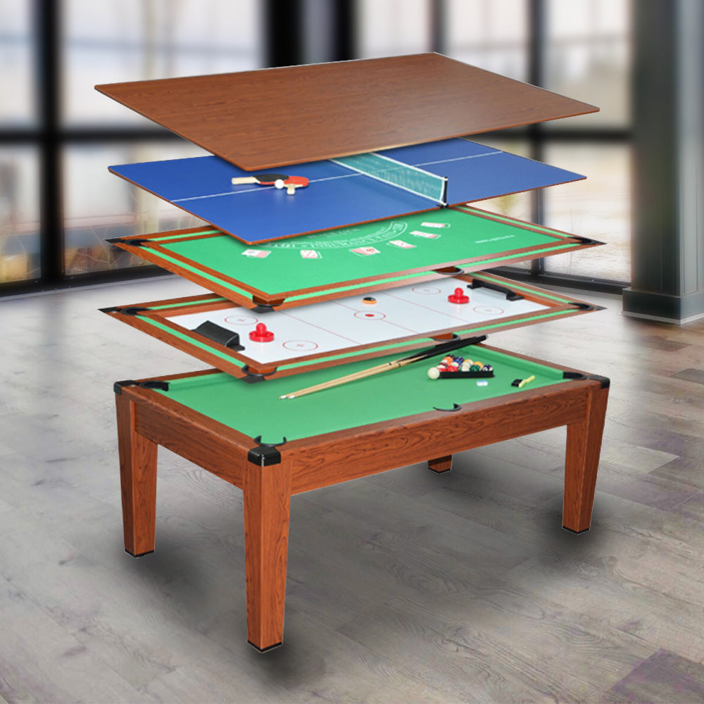 CUETIQ M8401 6.4FT 5-In-1 MDF Multifunctional Pool Table/Air Hockey/Poker/Table Tennis/Dining Top - Wood