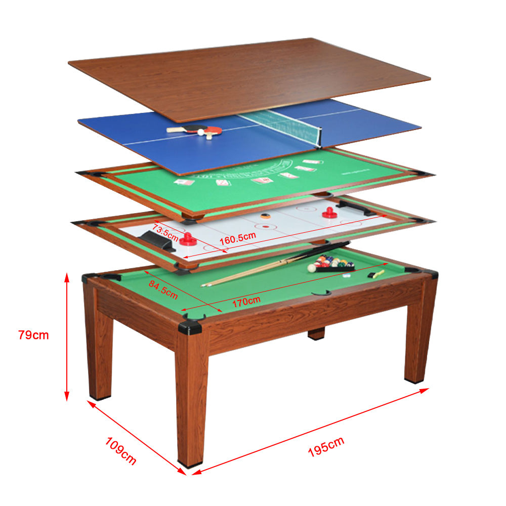 CUETIQ M8401 6.4FT 5-In-1 MDF Multifunctional Pool Table/Air Hockey/Poker/Table Tennis/Dining Top - Wood