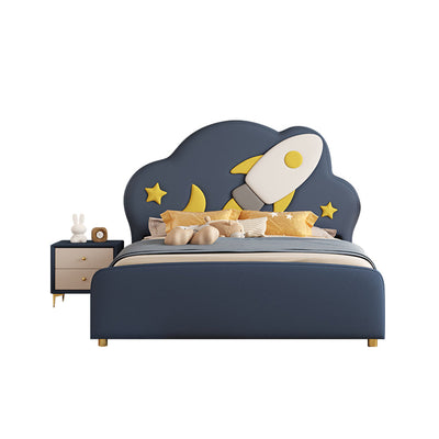 LIVARA Silicone Leather Kids Bed Solid Wood Frame - Dark Blue