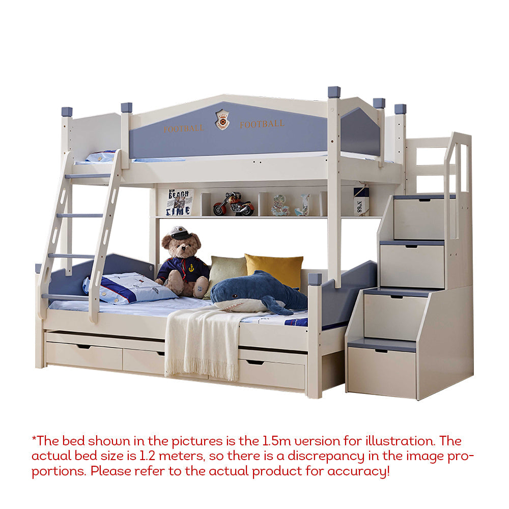 LIVARA 911 1.2M Bunk Bed w/ Two Free Mattresses Ladder Cabinet Trundle Bed - Blue&White