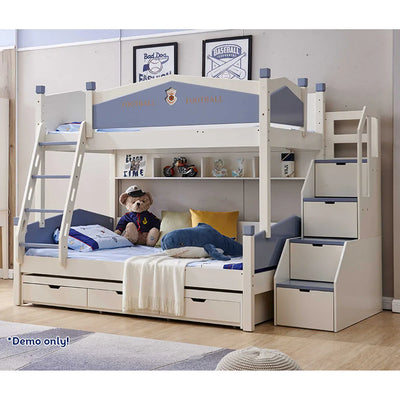 LIVARA 911 1.2M Bunk Bed w/ Two Free Mattresses Ladder Cabinet Trundle Bed - Blue&White