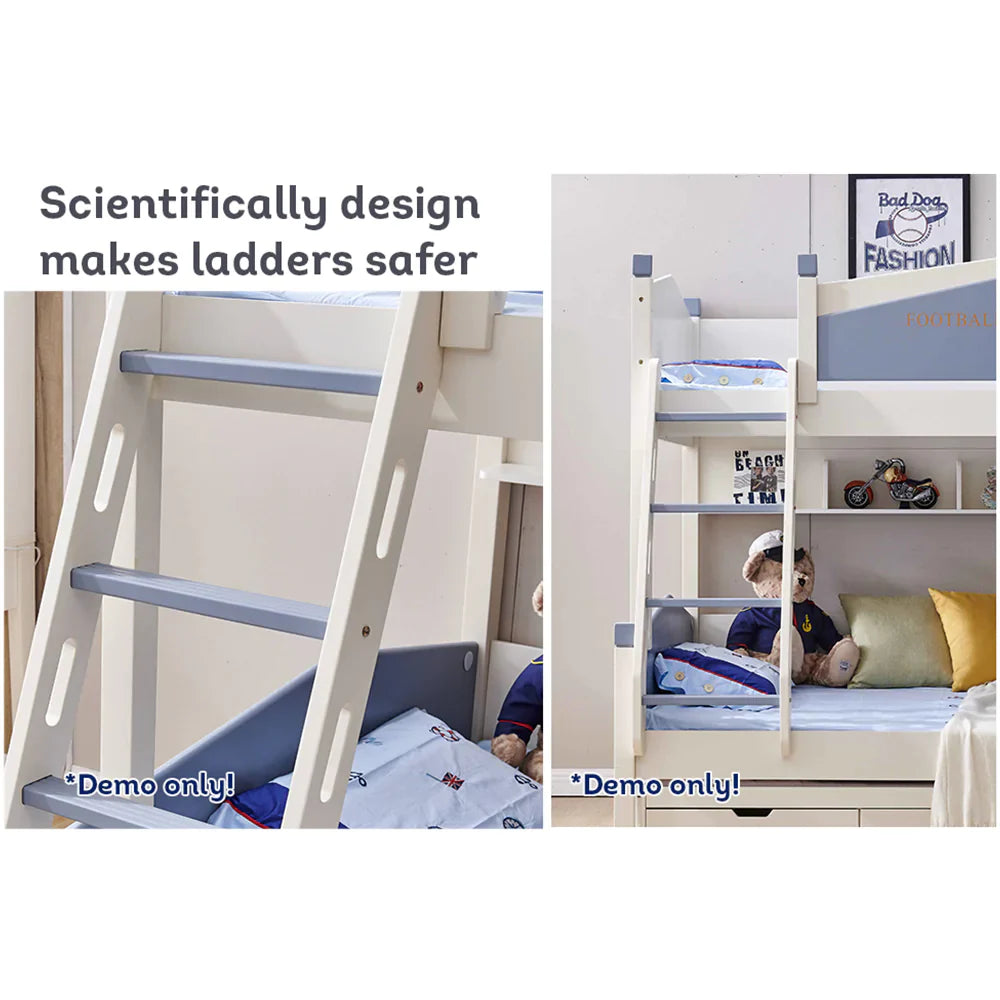 LIVARA 911 1.2M Bunk Bed w/ Two Free Mattresses Ladder Cabinet Trundle Bed - Blue&White