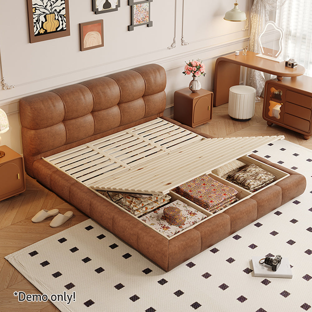 LIVARA Model-1063 150cm/180cm Waxed Leather Fabric Bed Solid Wood Frame