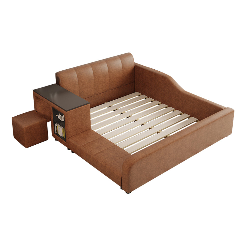 LIVARA Model-1066 120cm/135cm/150cm/180cm Waxed Leather Fabric Bed Solid Wood Frame With Desk