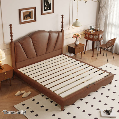 LIVARA Model-2001 150cm/180cm Waxed Leather Fabric Bed Solid Wood Frame