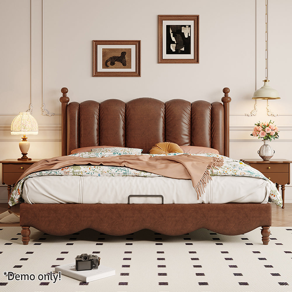 LIVARA Model-2002 150cm/180cm Waxed Leather Fabric Bed Solid Wood Frame