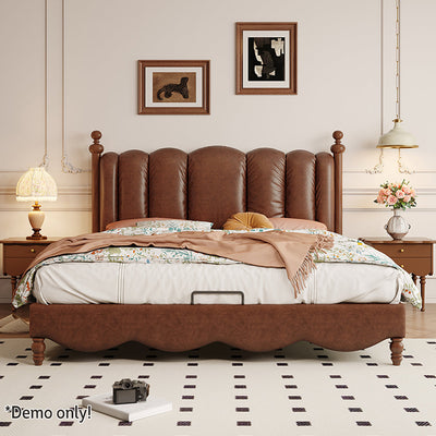 LIVARA Model-2002 150cm/180cm Waxed Leather Fabric Bed Solid Wood Frame