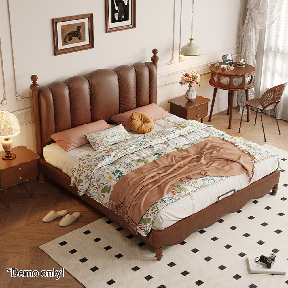 LIVARA Model-2002 150cm/180cm Waxed Leather Fabric Bed Solid Wood Frame