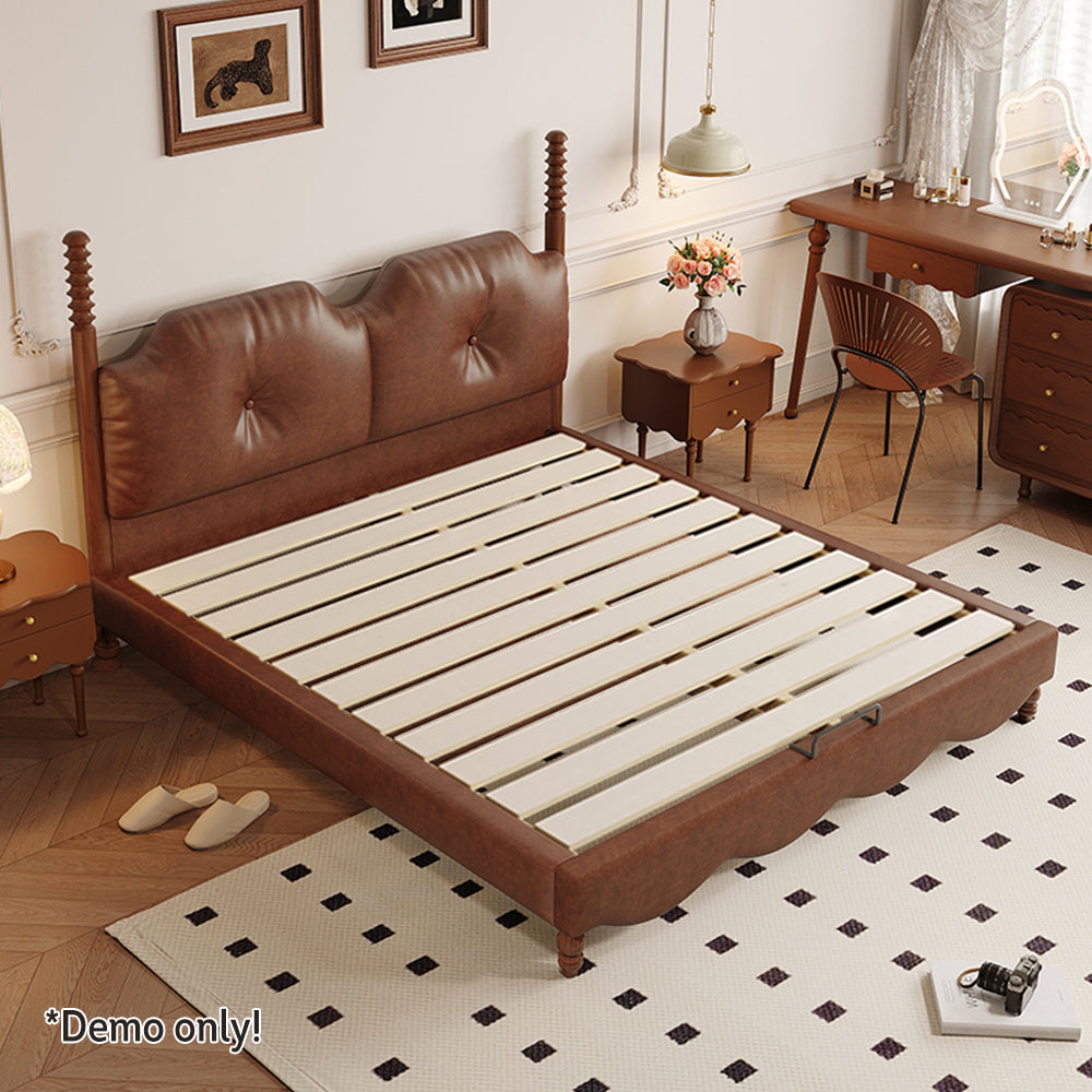 LIVARA Model-2004 150cm/180cm Waxed Leather Fabric Bed Solid Wood Frame