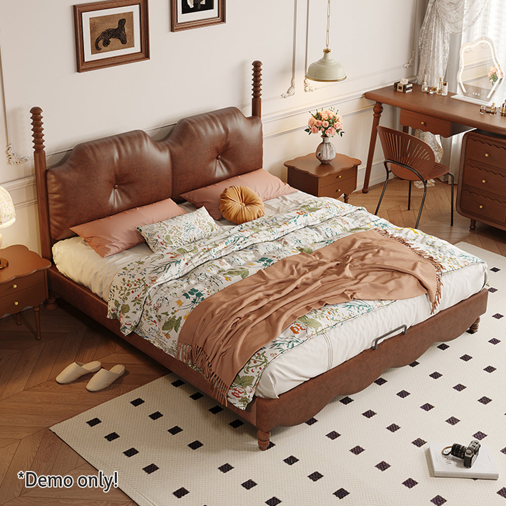 LIVARA Model-2004 150cm/180cm Waxed Leather Fabric Bed Solid Wood Frame