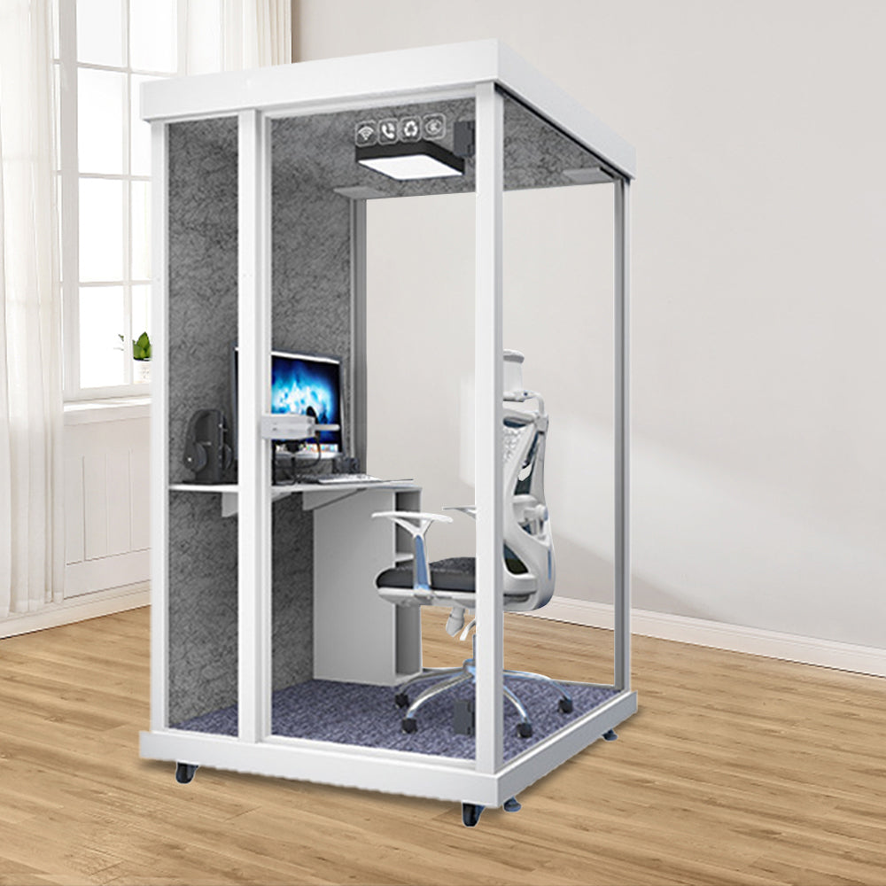 MODERA 1.3x1.2m Indoor Small Soundproof OfficeMovable Soundproof Booth W/ Light, Workbench, Storage Cabinet, Carpet - White