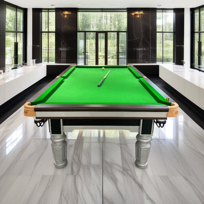 QUESLA 9FT Luxury Slate Billiard Table W/ Free Accessories Chinese Pool Table Ball Return System - Silver&Green