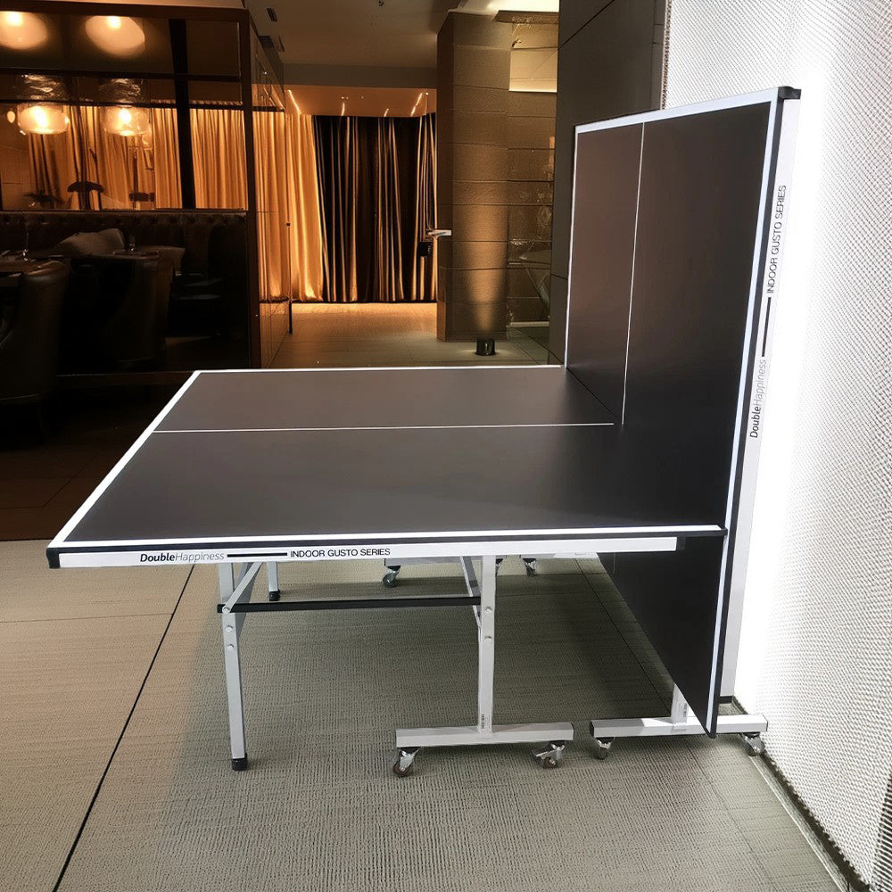 DOUBLE HAPPINESS Premium 13mm Indoor Black&Blue Foldable Solo Play Table Tennis Pingpong Table - Bats Balls Net