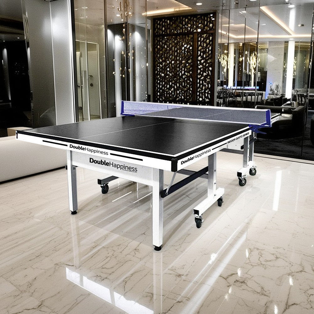 DOUBLE HAPPINESS Premium 13mm Indoor Black&Blue Foldable Solo Play Table Tennis Pingpong Table - Bats Balls Net