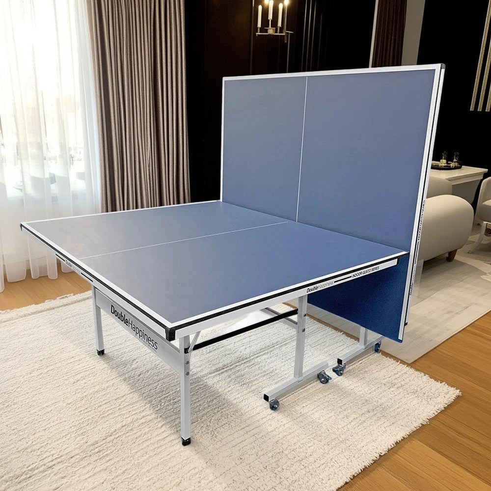 DOUBLE HAPPINESS Premium 13mm Indoor Black&Blue Foldable Solo Play Table Tennis Pingpong Table - Bats Balls Net